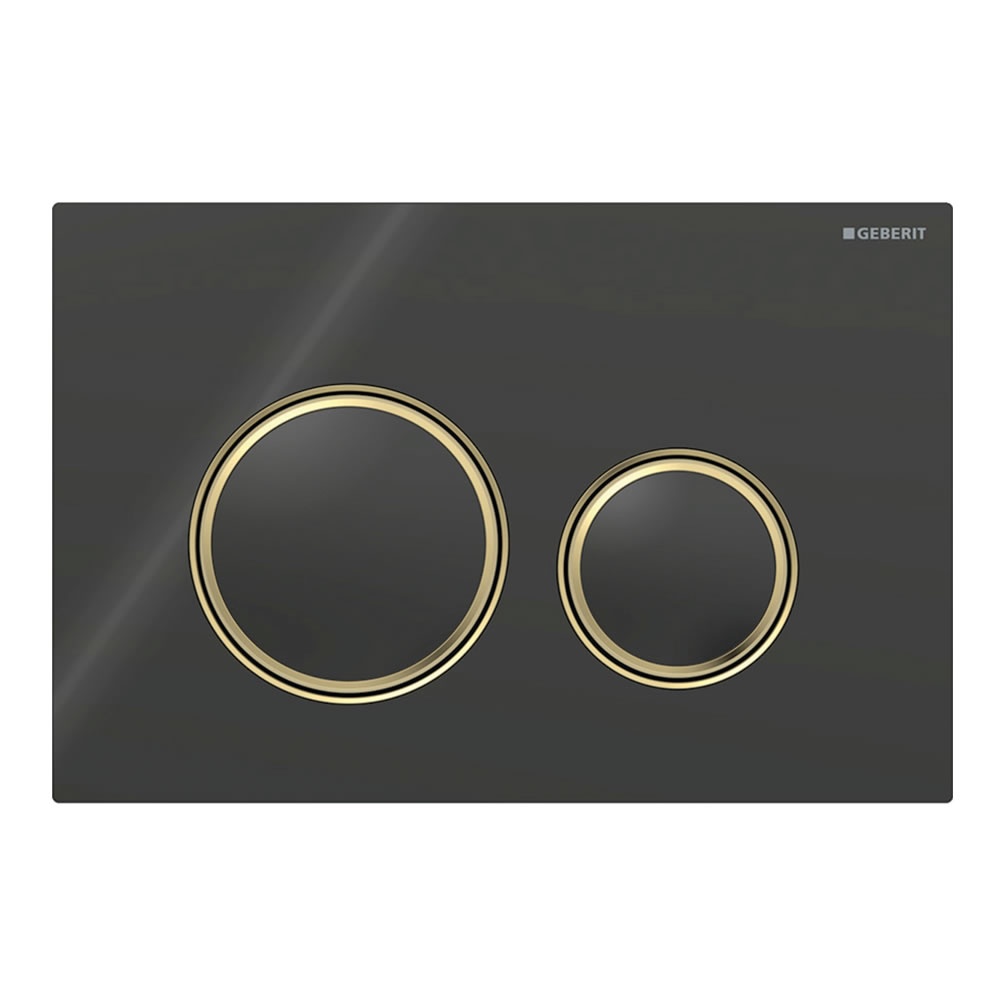Cutout image of Geberit Sigma50 Round Black Glass / Brushed Brass Dual Flush Plate